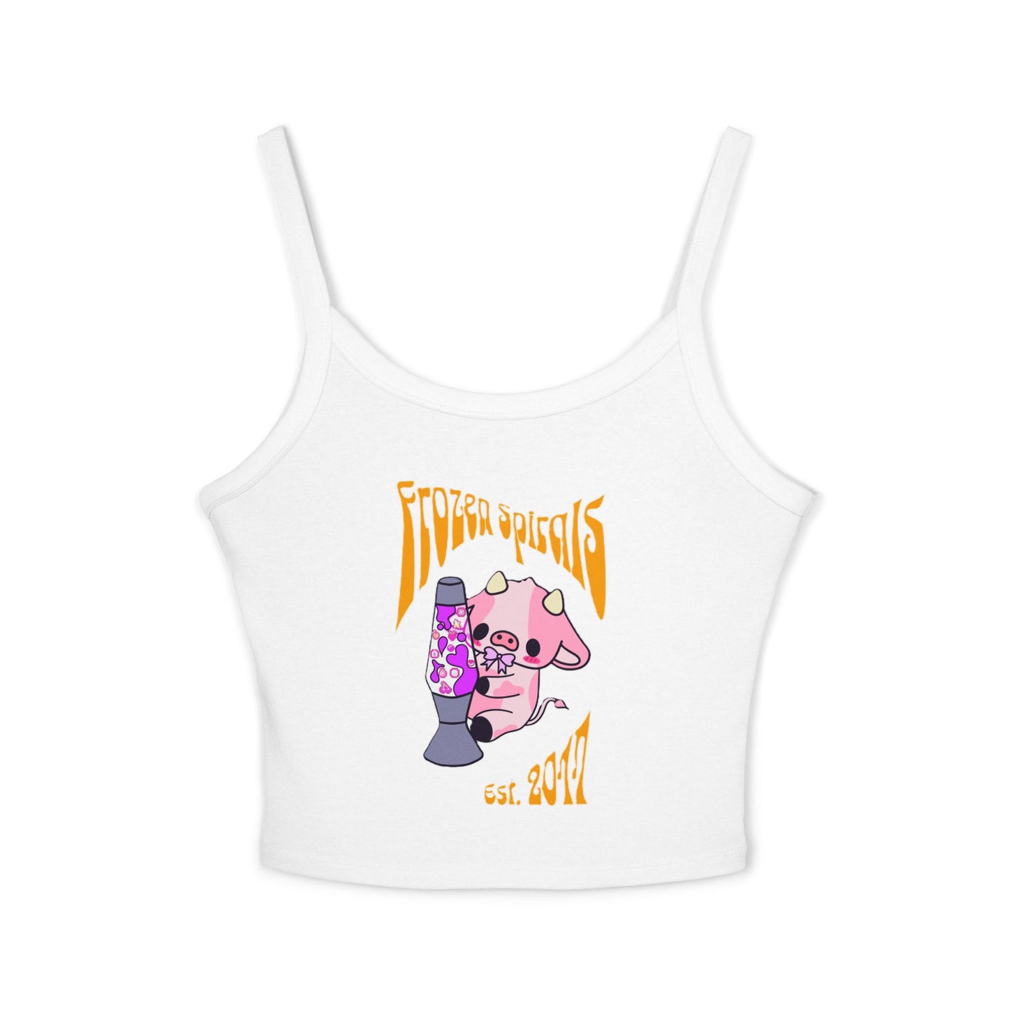 White fitted tank crop top with thick spaghetti straps and a graphic print on the front.