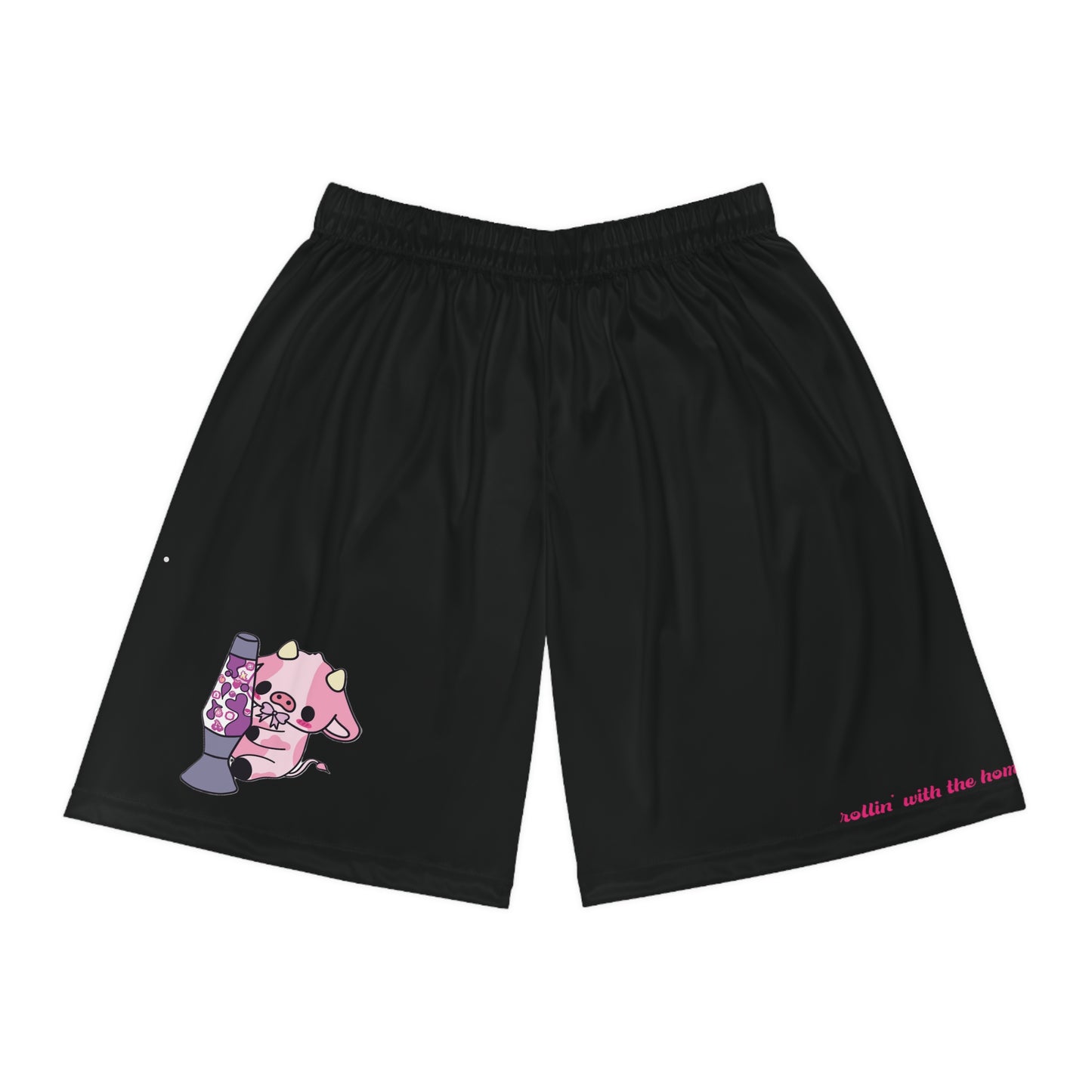 Black shorts with a pink cartoon character and text on a white background