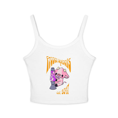 White fitted tank crop top with thick spaghetti straps and a graphic print on the front.